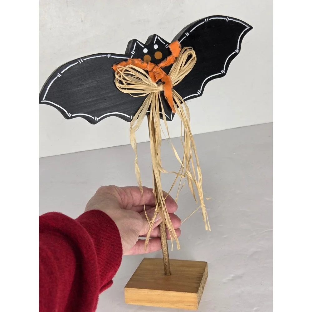 Halloween Wooden Bat Figurine Primitive Rustic Decor Black Orange Raffia